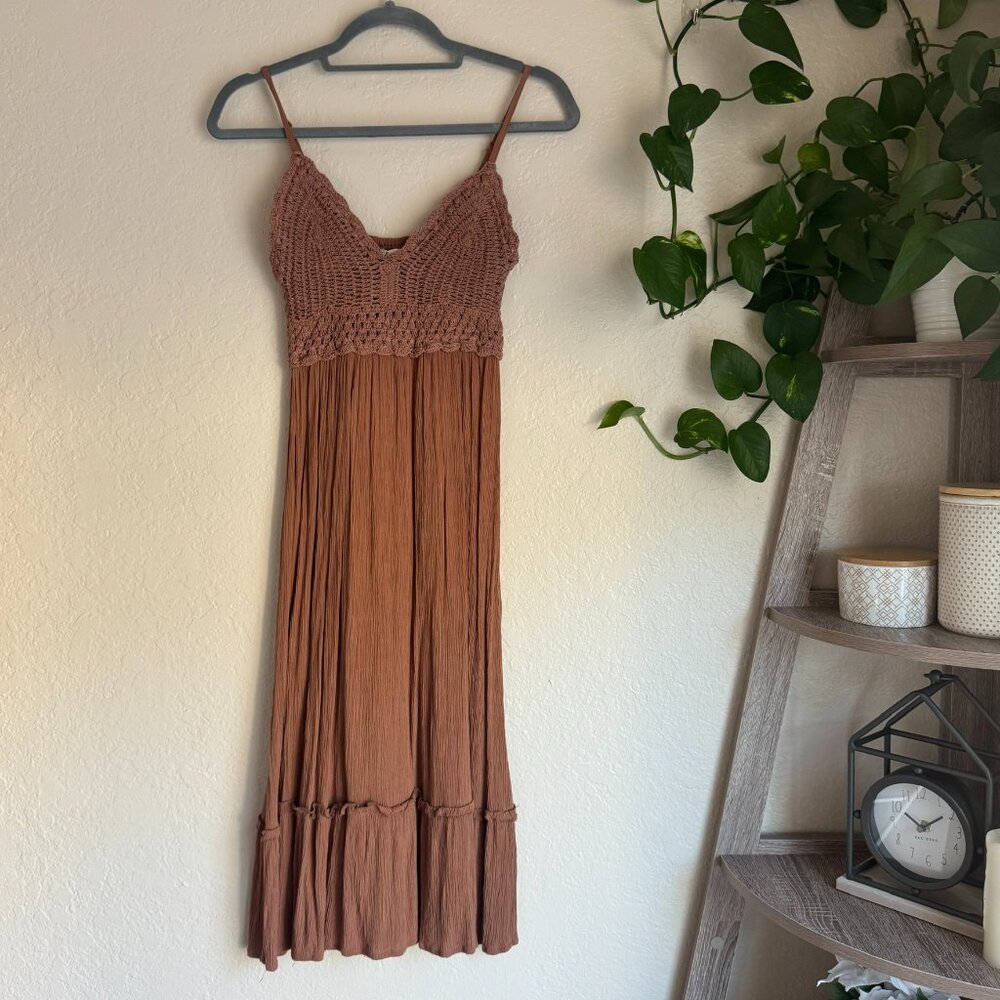 List of Blush Brown Crochet Bodice Maxi/midi Dress | Boho | Size Small
